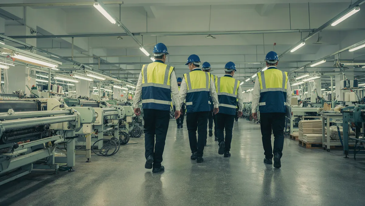 Supervisor and workers in PPE on a safety inspection of a textile factory floor in Pakistan