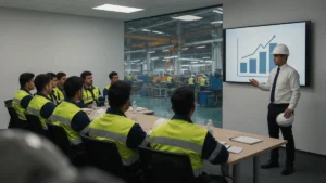 Company sponsored NEBOSH IGC - HSE manager training staff in a Pakistani factory meeting room
