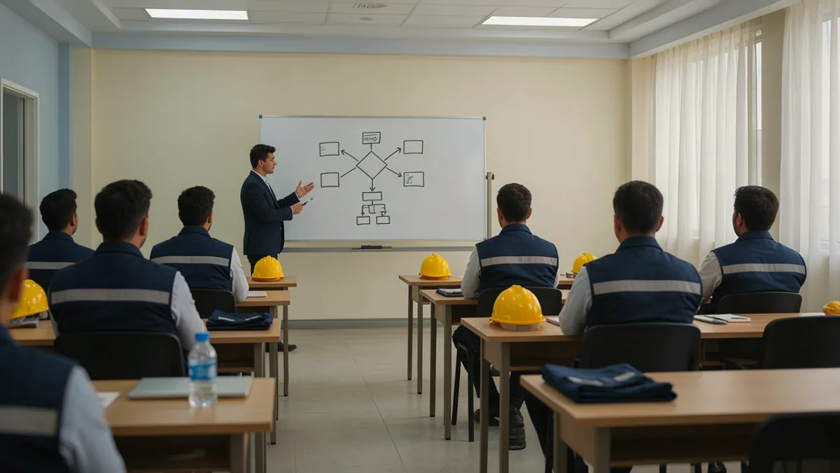 Health and safety training classroom with learners and hard hats in Lahore