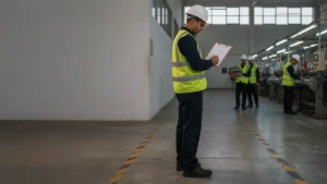 Is NEBOSH IGC worth it - safety officer in PPE checking a textile factory floor in Pakistan